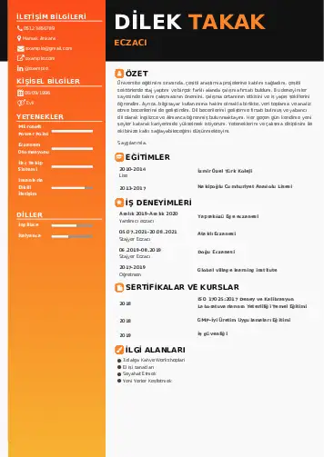 Eczacı CV Örnekleri cv indir